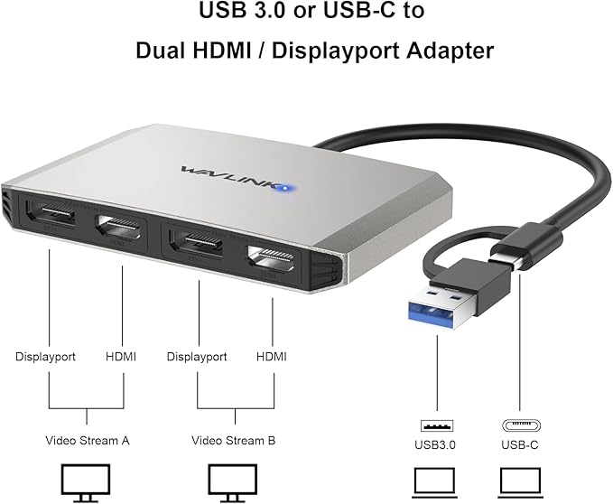 WAVLINK USB C or USB 3.0 to Dual HDMI/DisplayPort Adapter, Displaylink Monitor Splitter Extended Display for Dual Monitor 4K@60Hz, HDMI/DP Splitter Compatible with Mac M1-M5/Neo,Window Laptop-Silver