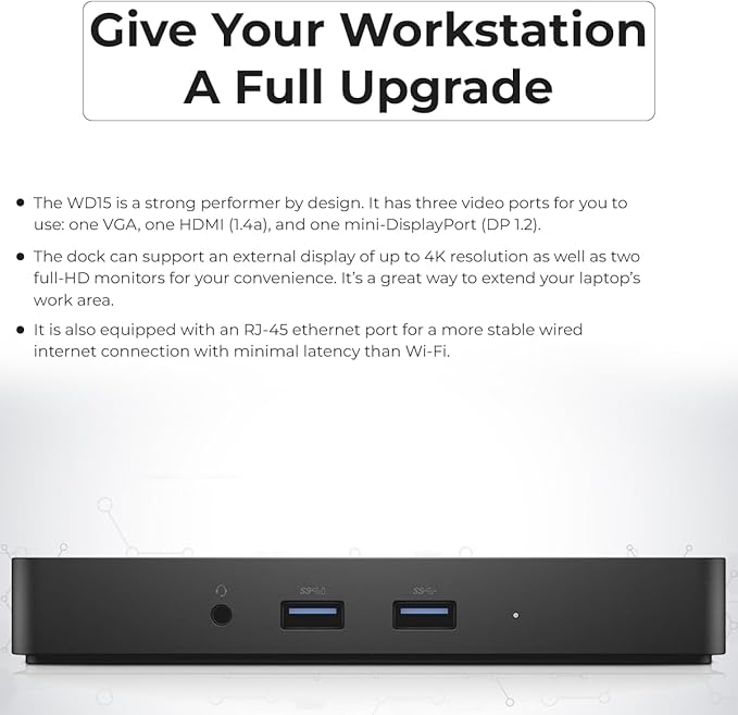 Dell WD15 130W Monitor Dock 4K USB-C - Dell Docking Station for Laptops with 130W AC Adapter + HDMI Cable + Microfiber Cloth (Renewed)