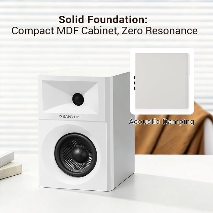 Sanyun SW203 4.0 Computer Speakers - 60W 4-Way DSP Control 3D Immersive Sound - 3" Carbon Fiber Woofer & 20mm Silk Dome Tweeter - 24bit DAC USB/Bluetooth 5.4/AUX - Studio-Grade Audio (Pair, White)