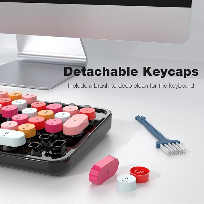 KNOWSQT Wireless Keyboard and Mouse Combo, Black Colorful Retro 2.4GHz Typewriter Keyboard with Cute Round Keycaps, DPI Adjustable Optical Wireless Mouse Compatible with PC Laptop