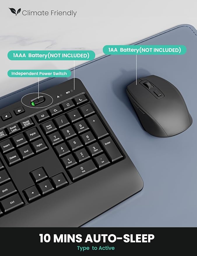 Ergonomic Wireless Keyboard and Mouse Combination, LIZRROT 2.4GHz Quiet Full Length Mouse and Keyboard, Wrist Stand, Phone Holder, Compatible with Windows, PC, Laptops