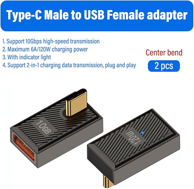 2 Pack Right Angle USB-C to A OTG Adapter,10Gbps 120W Fast Charge with LED,for Laptop,Tablet,Smartphone (90 Degree Angle USB-C to USB-A with LED Indicator)