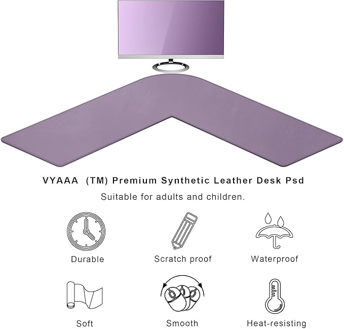Vyaaa 51 inch Large L-Shaped Leather Desk Pad Protector,Large Gaming Mouse Pad for Computer,Corner Desk Mat for Office and Home,Purple