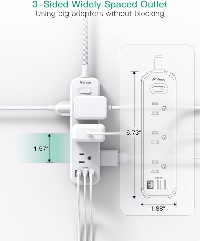 Mifaso Extension Cord, Surge Protector Power Strip, Long Power Strip with 9 Outlets 3 USB Ports, Extension Cord with Multiple Outlets, USB Power Strip for Dorm Room Essentials, College(10FT, White)