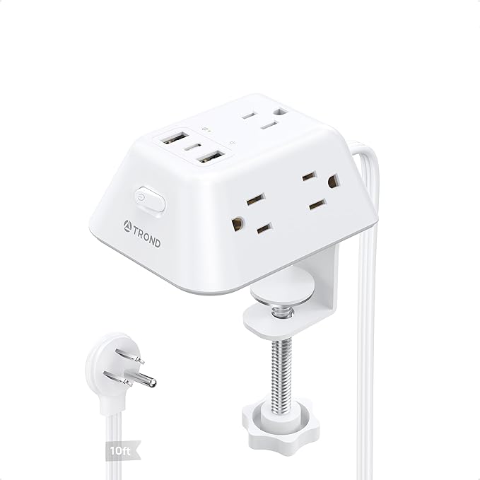 Desk Clamp Power Strip, Surge Protector with 5 AC Outlets and 3 USB Ports, Desk Mount Charging Station, Fit 1.97in Tabletop Edge Thick, 10FT Extension Cord, for Home Office Gaming Accessories, White