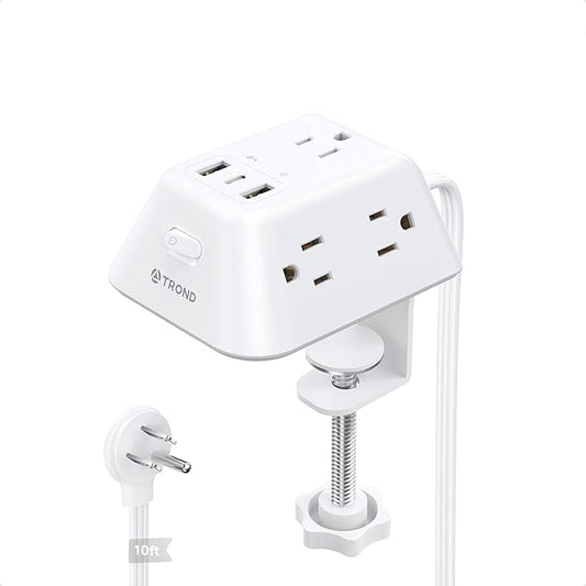 Desk Clamp Power Strip, Surge Protector with 5 AC Outlets and 3 USB Ports, Desk Mount Charging Station, Fit 1.97in Tabletop Edge Thick, 10FT Extension Cord, for Home Office Gaming Accessories, White