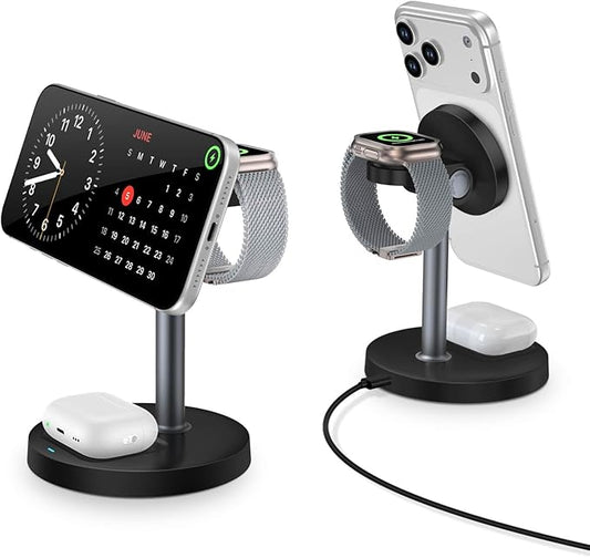 3 in 1 Magnetic Wireless Charging Station, 15W Fast Charger Stand for iPhone, Phone Charger Stand for Desk Nightstand, for iPhone 17/16/15/14/13/12, Apple Watch & AirPods, 18W Adapter Included -Black
