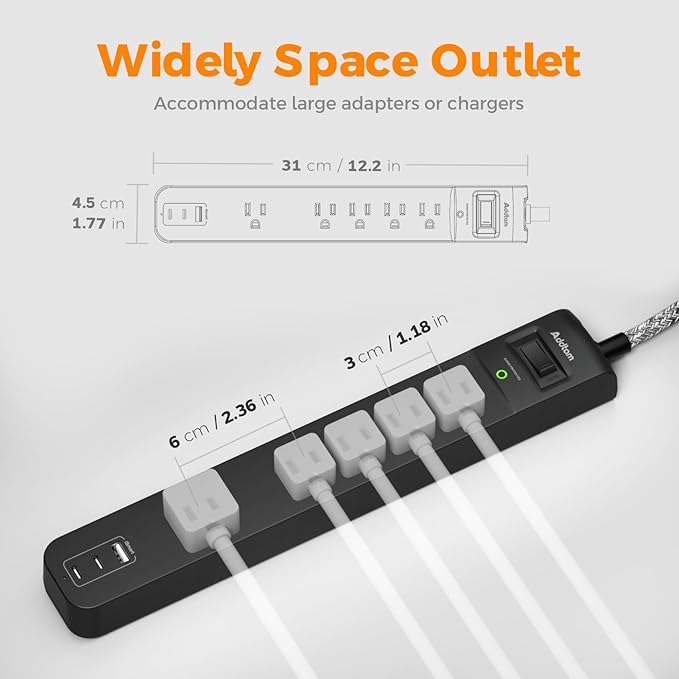 2 Pack Short Power Strip Surge Protector- Addtam USB C Power Strip,3ft Flat Extension Cord with 5 Widely 3 USB (2 USB-C) Ports, Desktop Charging Station for Home Office College Dorm Room Essentials