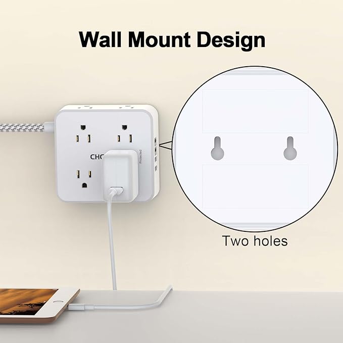 Surge Protector Power Strip - CHCORE 20Ft Braided Extension Cord with 8 Outlets with 4 USB (2 USB C) Charging Ports, Flat Plug Multi Plug Outlet Extender Charging Station for Home Office, ETL, White