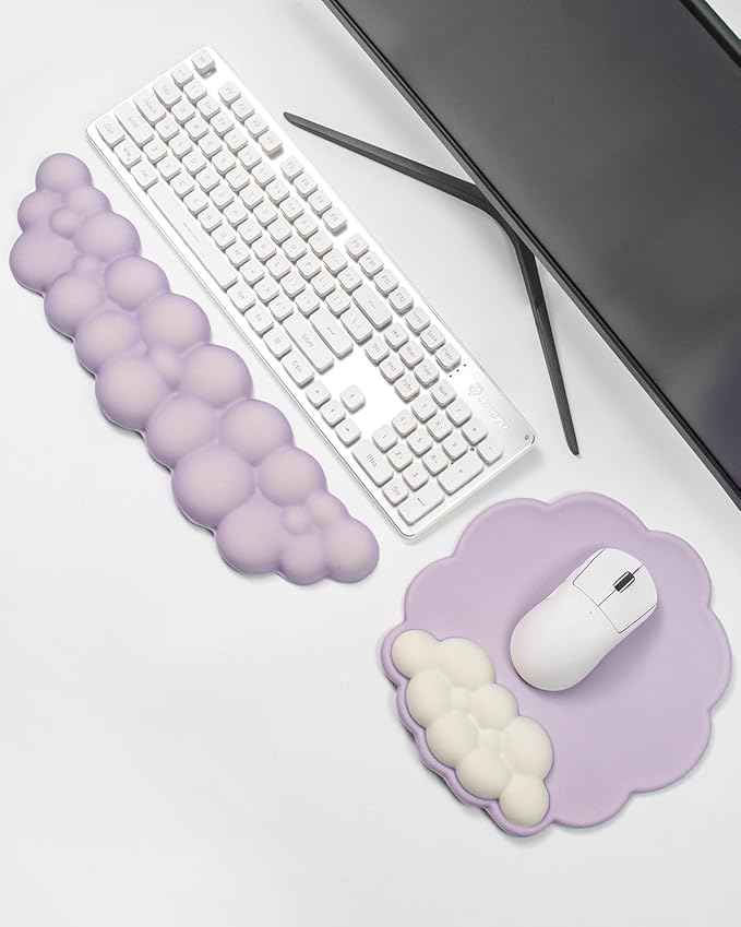 Memory Foam Keyboard Wrist Rest & Mouse Pad Set - Ergonomic Support for Laptop, Mac & PC, Cute Purple Cloud Design, Non-Slip Base for Typing, Gaming, Pain Relief, Comfortable Office Desk Must-Haves
