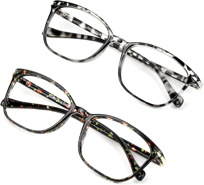 VisionGlobal 2 Pack Blue Light Blocking Glasses for Women Men, Stylish Square Frame(Leopard+Floral)