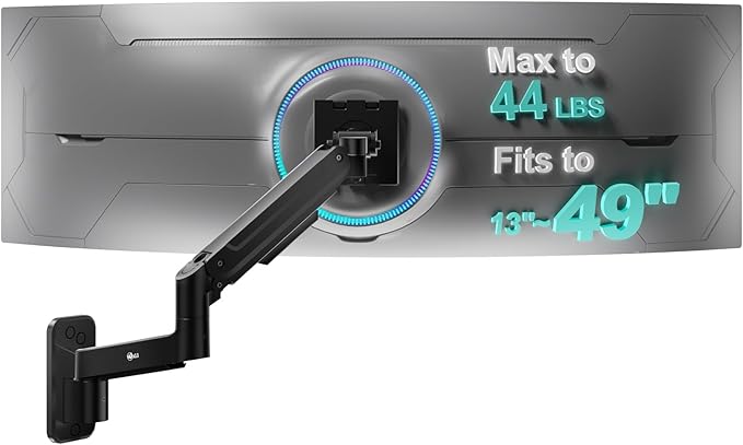 WALI Monitor Wall Mount for 13-49 Inch Ultrawide Screens, Heavy Duty Single Monitor Mount Holds up to 44 lbs, Adjustable Gas Spring Wall Mount Monitor Arm, 75/100mm VESA Mount (GSWM001-P), Black
