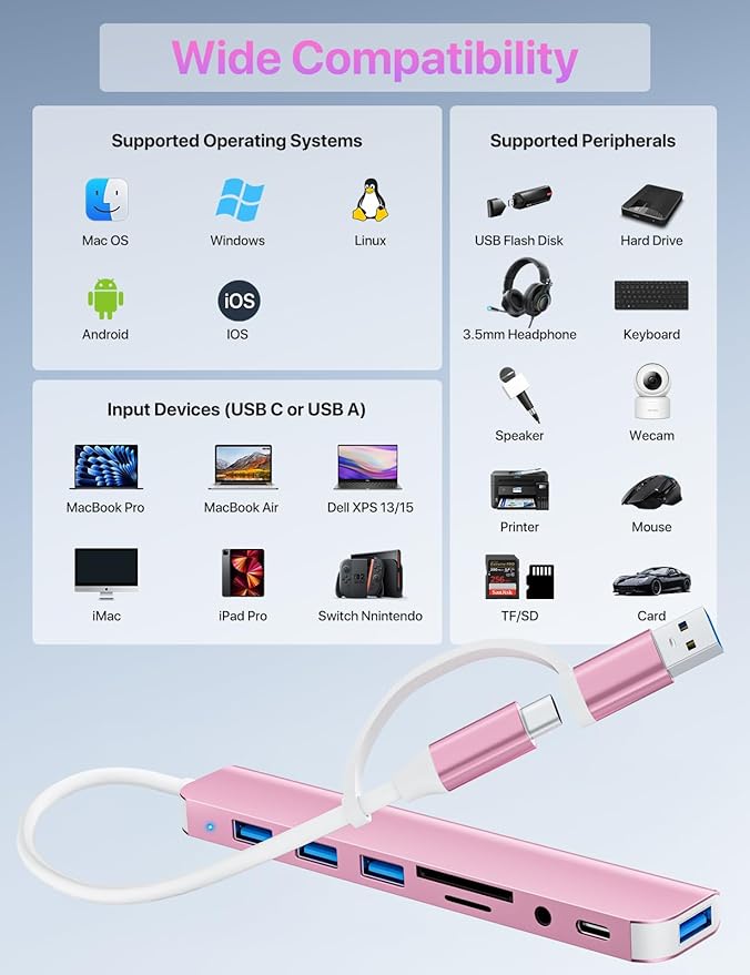 USB C/USB Hub Multiport Adapter,USB 3.0 Hub Aluminum 8 in 1 USB Splitter with SD/TF Card Reader,1 x USB 3.0, 3 x USB 2.0, 1 x USB C,and 3.5mm Audio Output for MacBook Pro Air,iPad Pro,Laptop-Pink