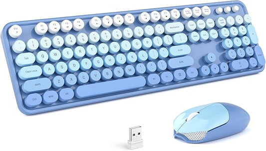MOFII Wireless Keyboard Mouse Combo, Typewriter Full Size Keyboard with Number Pad and 2 in 1 USB Connected Mouse for PC Computer Laptop Desktop Windows (Blue Colorful)