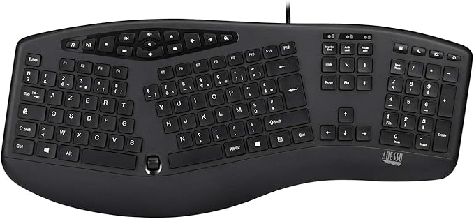 Adesso AKB-160UB Wired Ergonomic Keyboard with Integrated Palm Rest, Chiclet Keycaps, and Multimedia Hotkeys