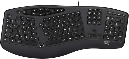 Adesso AKB-160UB Wired Ergonomic Keyboard with Integrated Palm Rest, Chiclet Keycaps, and Multimedia Hotkeys