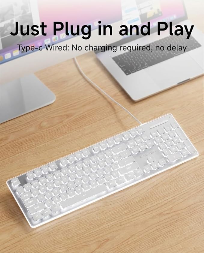 EWEADN GX710S Backlit Computer Keyboards, Wired USB Keyboard with White Backlit, Metal Panel, Plug and Play, Pudding Keycaps Full Size Quite Computer Keyboard for Win/PC/Laptop-White