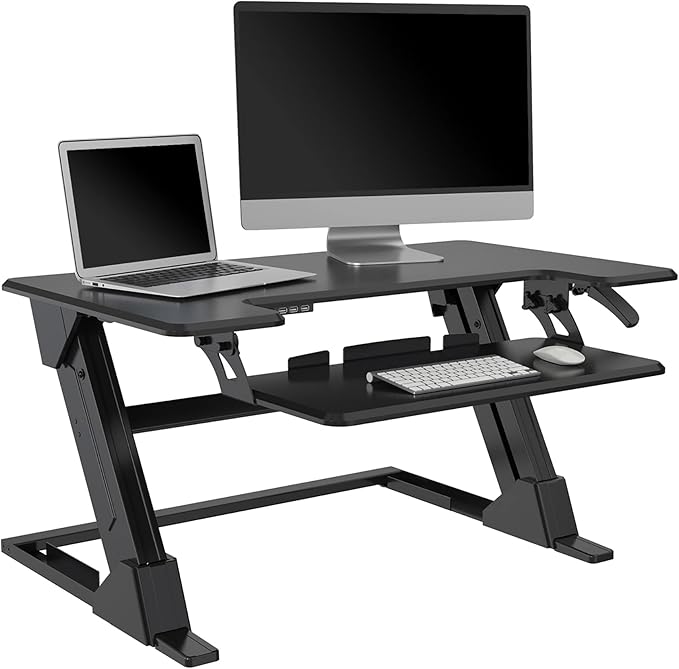 Realspace® P20 Standing Desk Converter With USB And Keyboard Tray, 19-3/10"H x 35-2/5"W x 23-1/5"D, Black