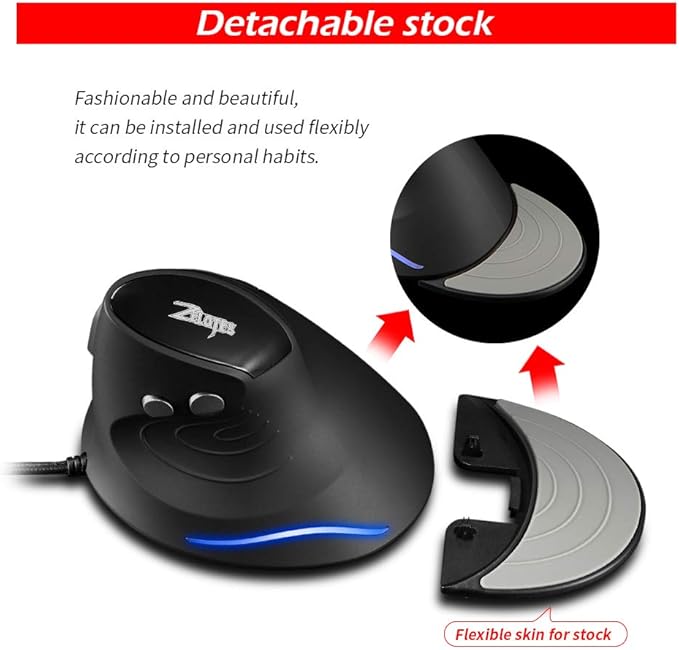 zelotes Wired Vertical Mouse,3200DPI,6 Buttons,Removable Wrist Rest,Ergonomic Design,LED Illumination,USB Optical Mouse for Laptop,PC,Mac,Black