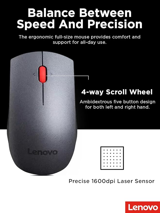 Lenovo Professional Wireless Keyboard and Mouse Combo, 2.4 GHz USB Wireless Receiver, Full Size Ambidextrous Mouse, 24 Month Battery Life, Black