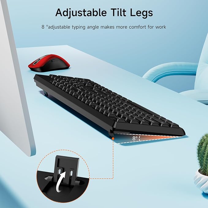 Wireless Keyboard and Mouse Combo, memzuoix 2.4G Full-Size Ergonomic Keyboard Mouse Set, Lag-Free Cordless One USB Receiver for PC, Laptop, Windows, Mac(Black Keyboard + Red Mouse)