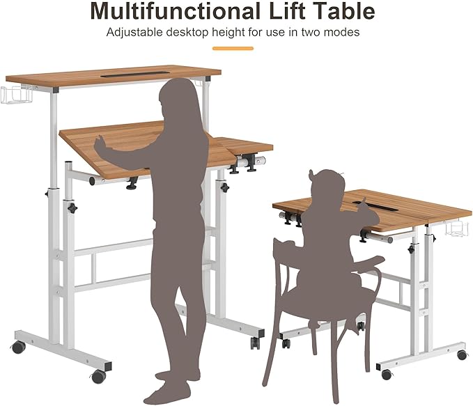 SogesPower 2 Platforms Mobile Laptop Desk Adjustable Side Table Computer Stand for Bed Sofa,Mobile Standing Desk with Cup Holder and Hooks,Oak