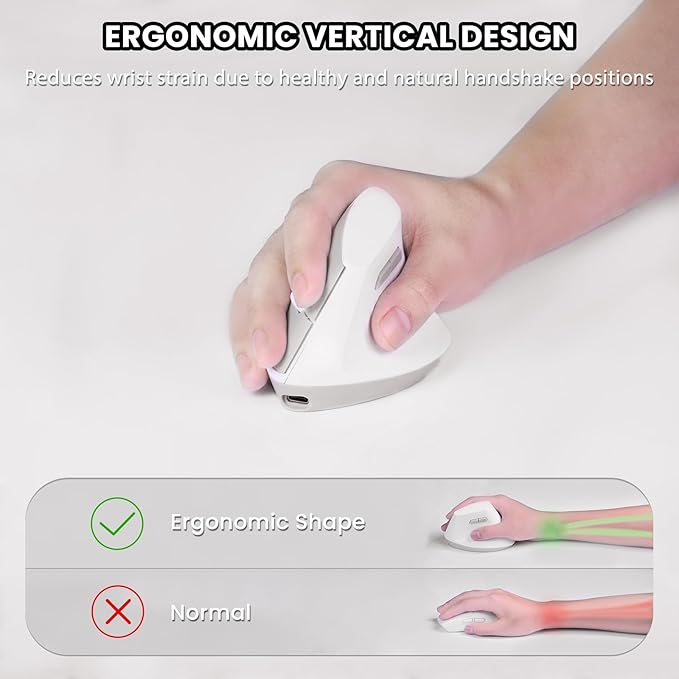 A.JAZZ I300 Bluetooth and 2.4G Rechargeable Wireless Mouse,Ergonomic Vertical Design Optical Mouse Computer Mice,800/1200/1600 DPI,Quiet Clicks,84G Lightweight for Laptop, Desktop, PC, MacBook(White)