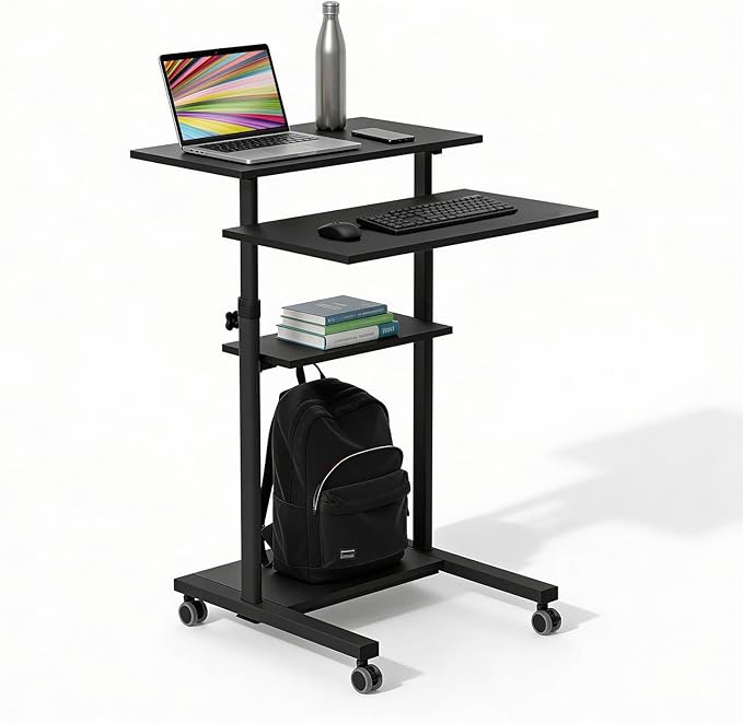 Mount-It! Black Rolling Standing Desk, Adjustable Height up to 54.7", Portable Laptop Podium Desk on Wheels, Mobile Computer Workstation with 4 Shelves 27.5" Wide, Cart for Home Office or Classroom