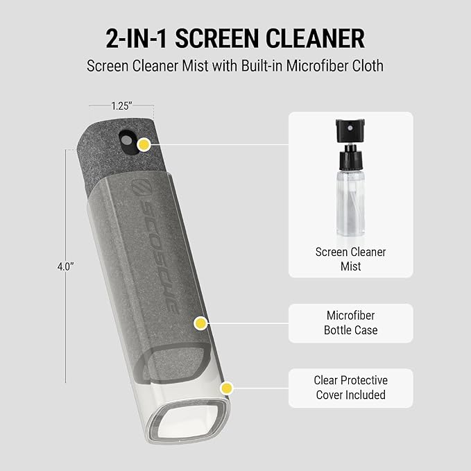 Scosche SCOCLNR 2-in-1 Streak-Free Screen Cleaning Kit, Refillable Electronic Screen Cleaner Spray and Wipe for TV, Computer, Phone, iPhone, iPad, Laptop, MacBook, Car Touchscreen, 10 Pack
