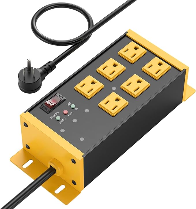 JUNNUJ Heavy Duty Power Strip Surge Protector 4800J, 6 Outlets with EMI/RFI Filtering and Noise Isolated Banks, Wall Mount Metal Multiple Plugs for Industrial Garage Shop,10FT Extension Cord Flat Plug