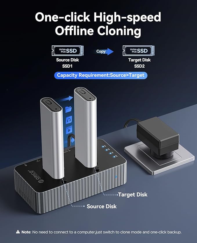 ORICO 40Gbps M.2 NVMe Hard Drive Docking Station with Offline Clone Dual-Bay NVMe Cloner with USB C Cable for Both (M Key, B+M Key) PCIE NGFF Dock, Compatible Size 22110 2280 2260 2242 2230-IT28N