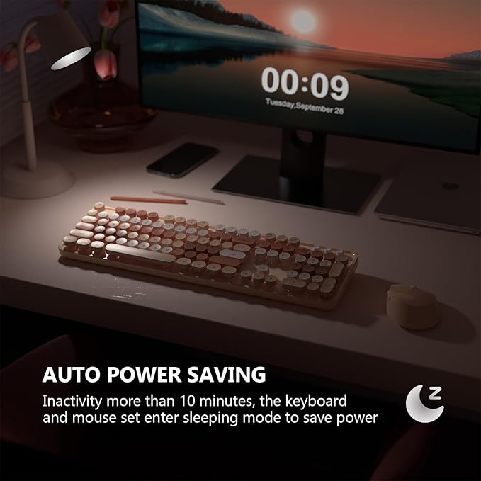 Wireless Keyboard and Mouse Combo, MOFII Full-Size Retro Round Keyboard and Mouse, 2.4 GHz Wireless, Plug and Play, 8 Multimedia & Shortcut Keysfor Mac, Windows, Laptop/Desktop/PC (Creamy)