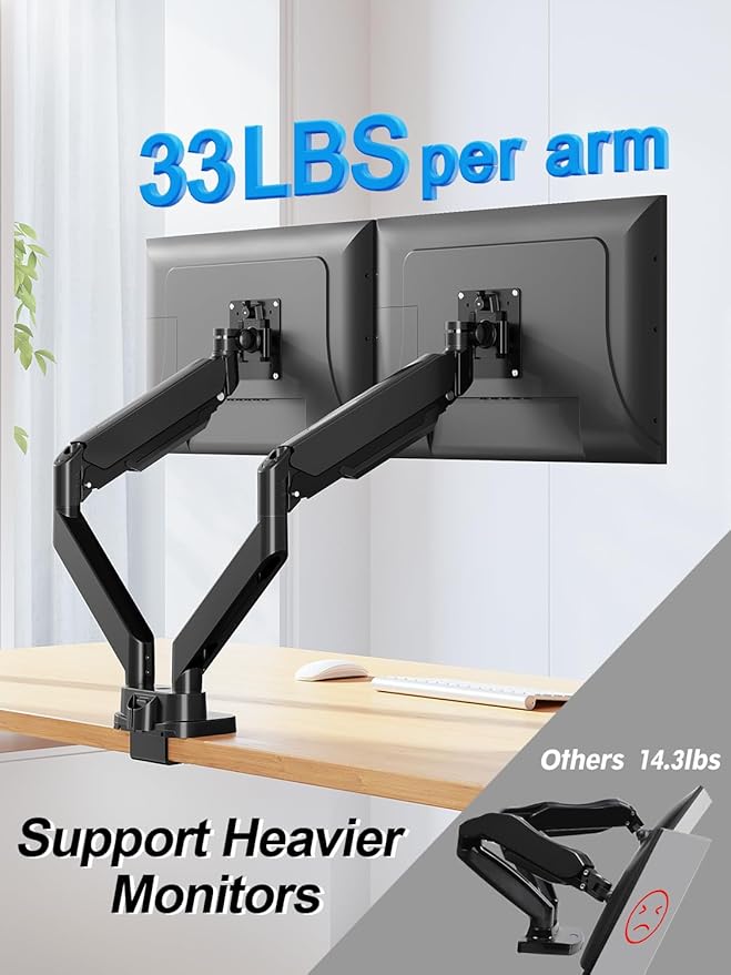 Dual Monitor Mount Fits Max 39" Computer Screen, Hold 4.4-33 lbs Each Ultrawide Desk Mount, Adjustable Gas Spring Double Monitor Arm, Monitor Stand for 2 Monitors with USB, VESA