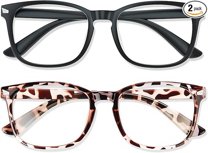 Blue Light Glasses for Woman Men | 99% Blue Light Blocking Glasses for Computer Gaming TV Phone Screen Square Frame | Anti Eyestrain & UV Glare Protection - 2 Pair