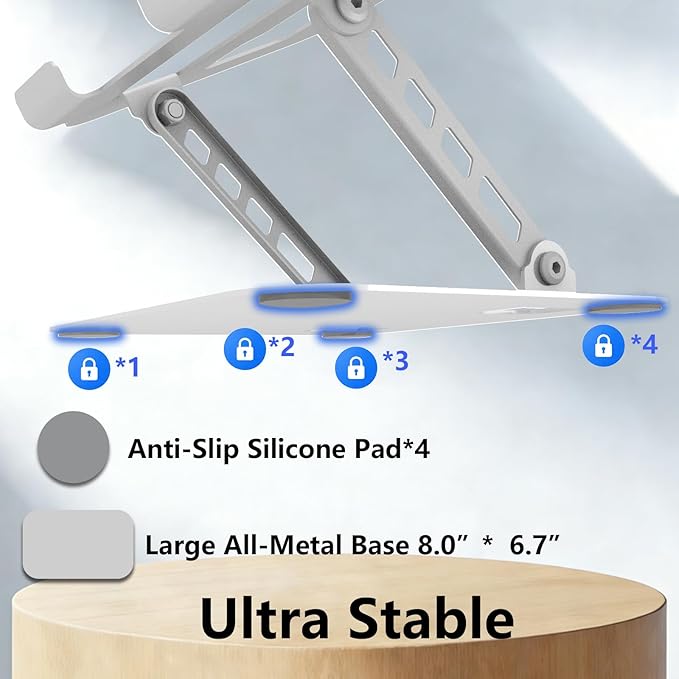 Adjustable Laptop Stand, Ultra Stable Metal Base Ergonomic Foldable Computer Riser for Desk Compatible with MacBook Pro/Air Notebook All Laptop Under 16 Inches (Silver)