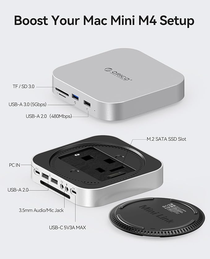ORICO MiniLink Mac mini M4 Hub with SATA SSD Enclosure, 5Gbps(480MB/s) USB 3.0 Port, SD 3.0/TF 3.0 Card Readers, 3.5mm Headphone Jack and Microphone Jack (M410P)