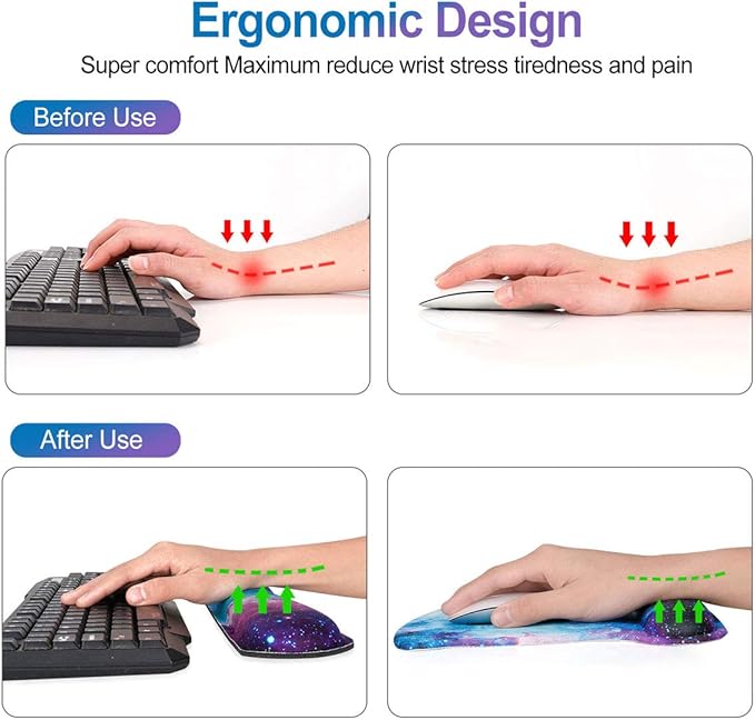 ToLuLu Keyboard Wrist Rest Pad Ergonomic Mouse Pad Set, Cute Gel Mouse Pad for Computer Laptop, Non Slip Mousepad Keyboard Wrist Support Raised Memory Foam for Easy Typing Pain Relief, Nebula Galaxy