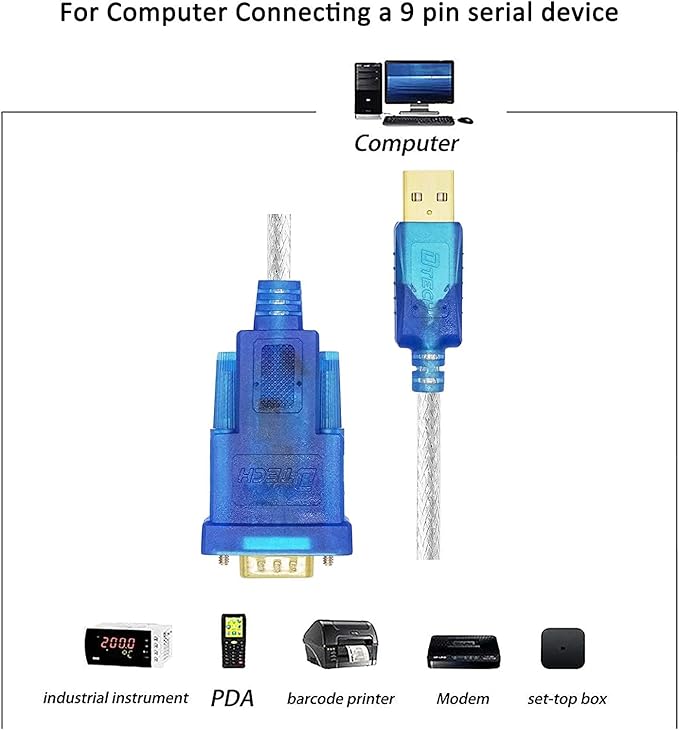 DTECH USB to Serial Adapter Cable 16 ft DB9 Male RS232 to USB Cord with FTDI Chip Supports Windows 11 10 8 7 Mac Linux (5m)