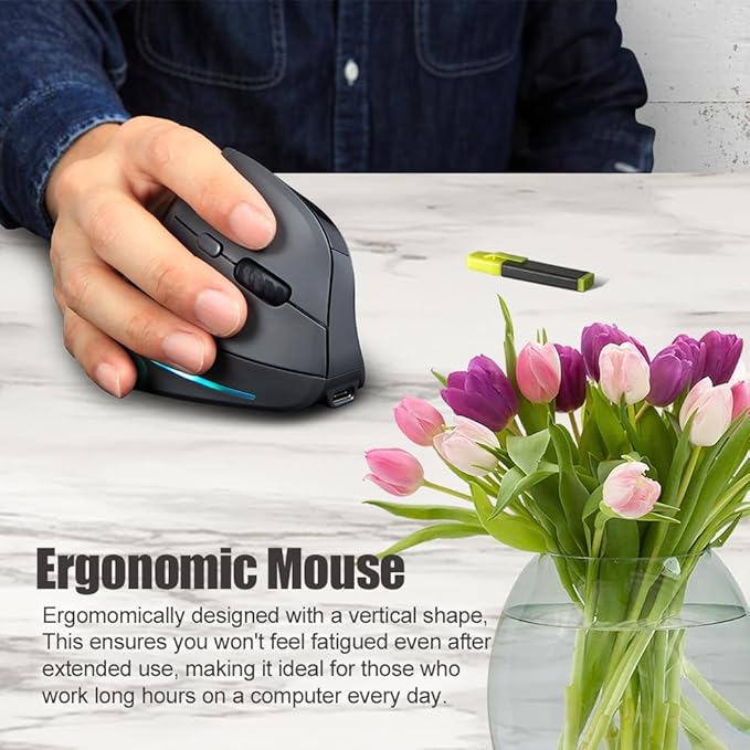 zelotes Wireless Mouse with Display,Portable Bluetooth,4000DPI,2-in-1(BT 5.0/3.0+2.4Ghz),Rechargeable,3 Device Connection,6 Buttons Vertical Ergonomic Mouse for PC,Laptop,Tablets