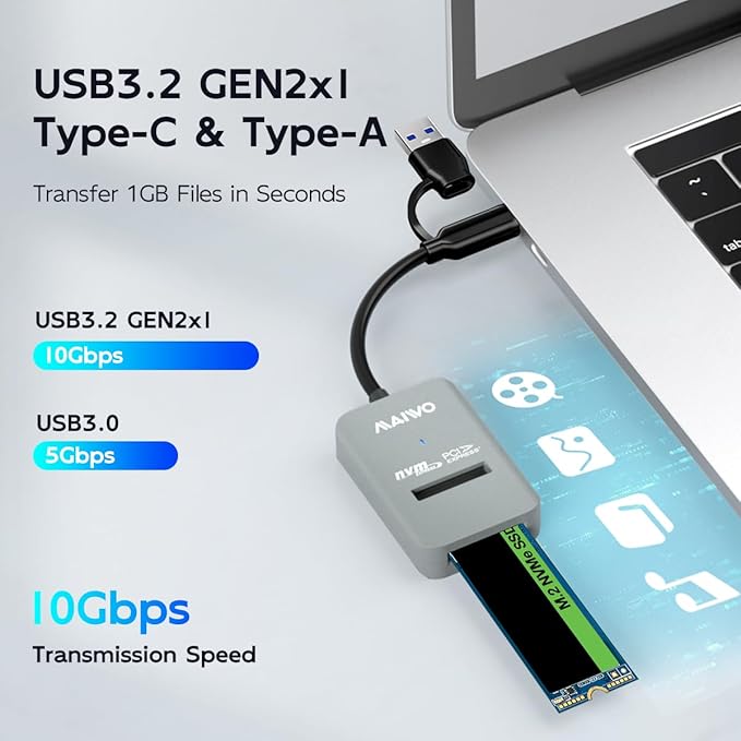 MAIWO M.2 NVMe to USB Adapter, USB C+A PCIe NVMe Dock, USB3.2 GEN2x1 10Gbps with UASP Trim, 8TB Capacity, Tool Free Lay-Flat NVMe SSD Enclosure Reader