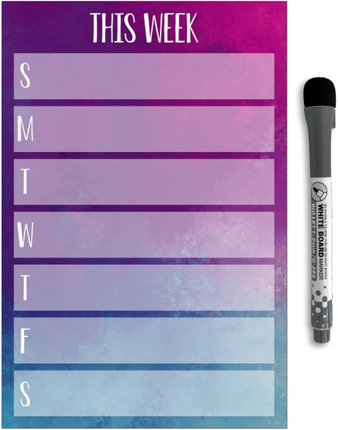Dry Erase Weekly Calendar Planner Sticker Decal | Removable & Reusable | Magnetic Fine-Tip Marker Included (6 x 9 inches, Watercolor)