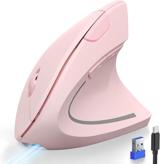 TECKNET Ergonomic Mouse, Rechargeable 2.4G+Bluetooth Vertical Mice 6 DPI Adjustable, Wireless Optical Carpal Tunnel Mouse Right Hand, Multi Device for Laptop, PC, Computer, MacBook, iPad - Pink