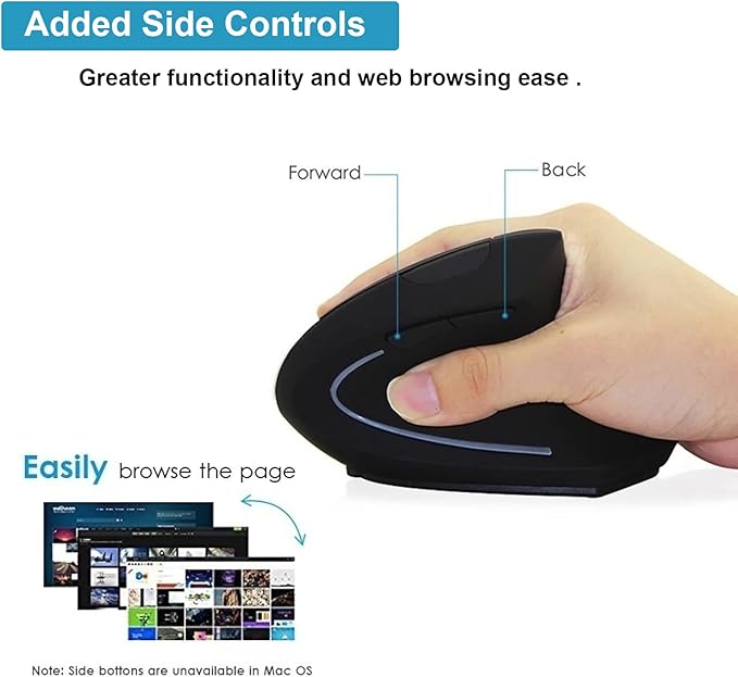 Vertical Mouse, 2.4G Wireless Ergonomic Optical Mouse 800/1200 /1600 DPI 6 Buttons Right Handed Gaming Mice for Laptop, Desktop, PC, MacBook (Black)