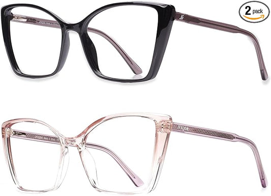 2 Pack Blue Light Blocking Glasses for Women, Oversized Trendy Cat Eye Computer Gaming Glasses Anti Glare & UV Glare RF6204 (Black + Clear Gradient Pink Cateye Frame)