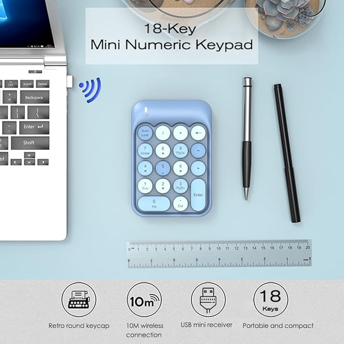 FELICON Wireless Numeric Keypad 18 Keys with 2.4G Mini Portable Silent Number Pad USB Receiver Financial Accounting Keyboard Extensions for Laptop Desktop PC Pro（Blue Mix）
