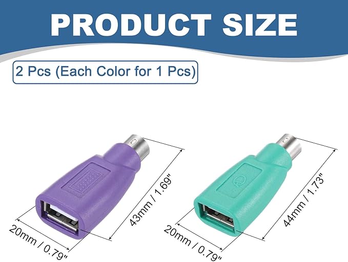 MECCANIXITY 4 Pcs PS/2 to USB Port, PS/2 Male to USB Female Adapter for Wired Mouse Keyboard Desktop PC Laptop Notebook, Green/Purple