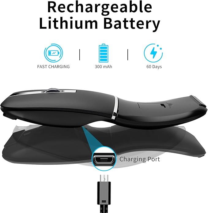 Bluetooth Arc Travel Mouse - BT & 2.4G Wireless Dual Mode, Rechargeable Slim Rotatable Portable, 3 Adjustable DPI, USB Optical Computer Silent Mouse for Microsoft Laptop PC Tablet - Graphite Black