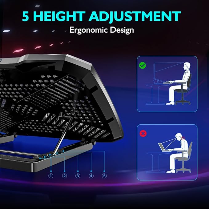 Laptop Cooling Pad Laptop Cooler Stand, Laptop Fan Cooling Pad for 12-15.6 Inch Laptop Notebooks, 5 Quiet Fans, 5 Angle Adjustable Laptop Cooling Stand (Black)