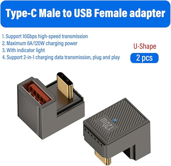 5 Pack USB-C to USB-A Adapter, 10Gbps 120W with LED, Compatible with Laptop, Tablet,Smartphone (Straight+U Type+Positive Bend+90 Degree Angle+Side Bend USB-C to USB-A with LED Indicator)