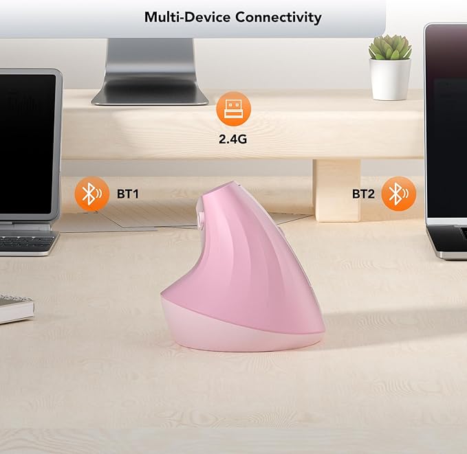 KYSONA Wireless Ergonomic Mouse, Vertical Mouse, Bluetooth Ergo Mouse, Quiet Click, 5 Level Adjustable DPI(800/1200/2400/2400/4000), Rechargeable 2.4G Mice Computer, PC, Mac, Laptop, Pink